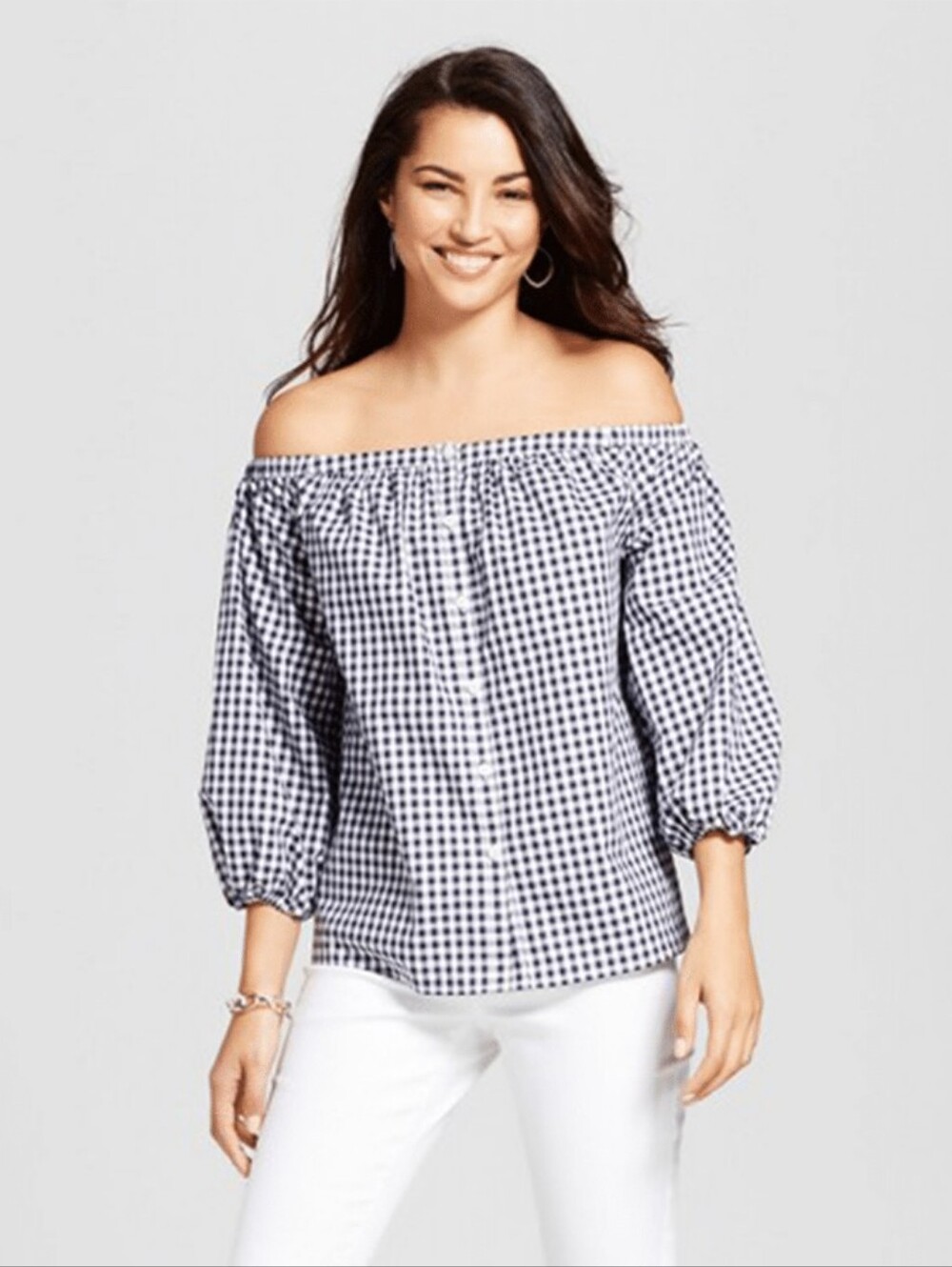 Merona Black & White Gingham Off-Shoulder Top Size L COTTON